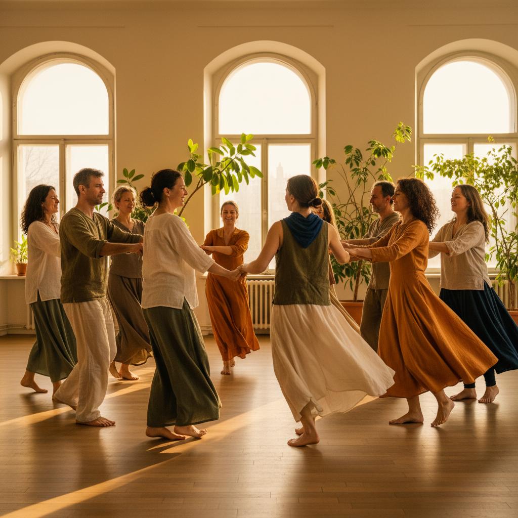 Des femmes dansent librement dans une salle lumineuse